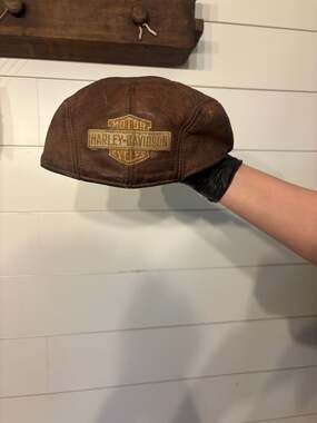 Vintage Harley-Davidson Distressed Brown Leather Ascot Newsboy Cabbie Ivy Cap